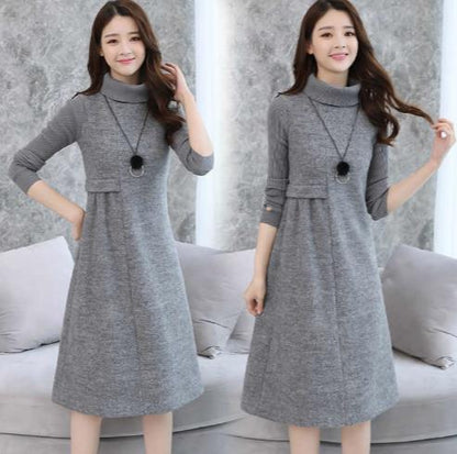 Woolen Dress for Women Knit Long Sleeve Turtleneck Elegant A line Dress Thick Autumn Winter Plus Size Casual Midi Dress LJ83