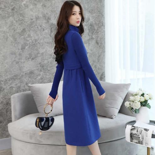 Woolen Dress for Women Knit Long Sleeve Turtleneck Elegant A line Dress Thick Autumn Winter Plus Size Casual Midi Dress LJ83