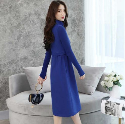 Woolen Dress for Women Knit Long Sleeve Turtleneck Elegant A line Dress Thick Autumn Winter Plus Size Casual Midi Dress LJ83