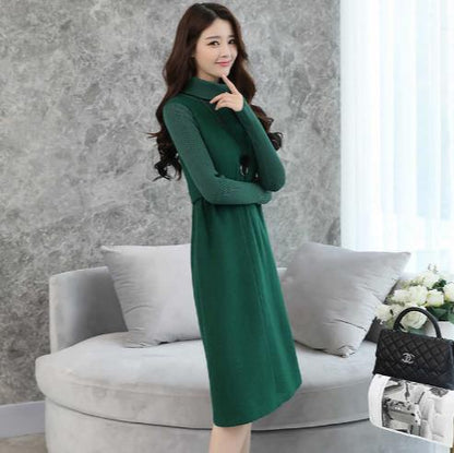 Woolen Dress for Women Knit Long Sleeve Turtleneck Elegant A line Dress Thick Autumn Winter Plus Size Casual Midi Dress LJ83