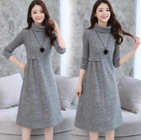 Woolen Dress for Women Knit Long Sleeve Turtleneck Elegant A line Dress Thick Autumn Winter Plus Size Casual Midi Dress LJ83