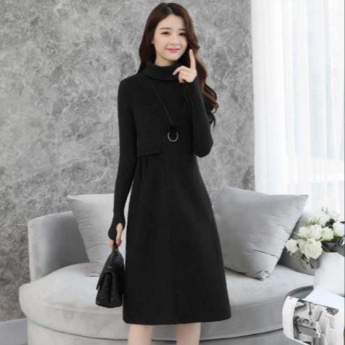 Woolen Dress for Women Knit Long Sleeve Turtleneck Elegant A line Dress Thick Autumn Winter Plus Size Casual Midi Dress LJ83