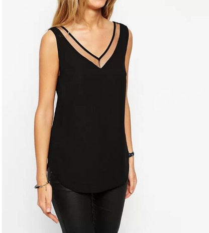 Women's Chiffon Shirt 2019 Summer Sexy V Neck Top Girl Casual Mesh Patchwork Blouse Tops Plus Size 6 to XXXL