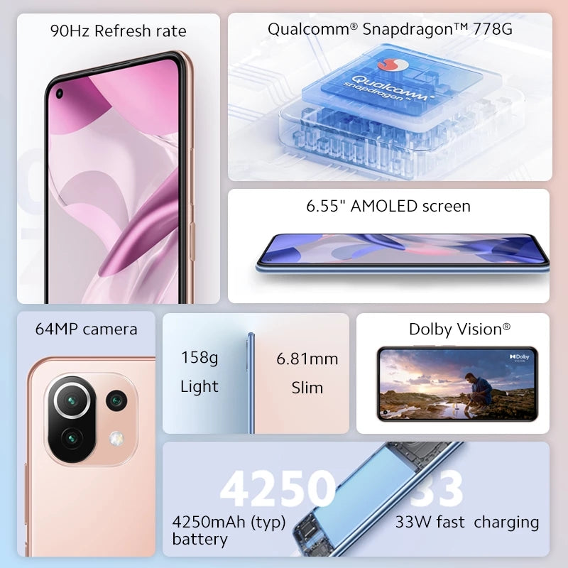 Xiaomi 11 Lite 5G NE Global Version 6G+128G/8G+128G/8G+256G Snapdragon 778G Octa Core 64MP Camera 90Hz Display 33W Fast Charger