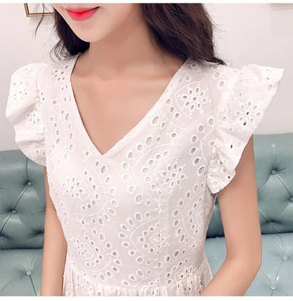 YiLin Kay 2019 Elegant Lace V-Neck Embroidered White Dress
