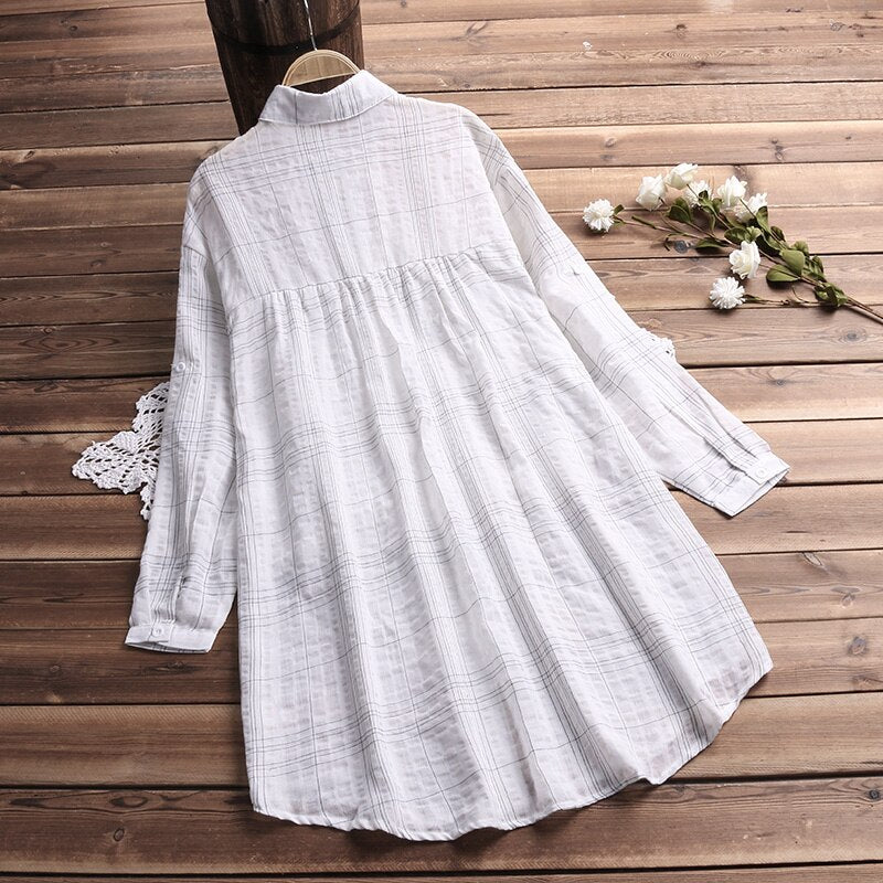 ZANZEA 2019 Plaid Linen Top Women Asymmetrical Blouse Autumn Female Casual Tunic Long Sleeve Shirt Woman Blusas Pleated Tops 5XL