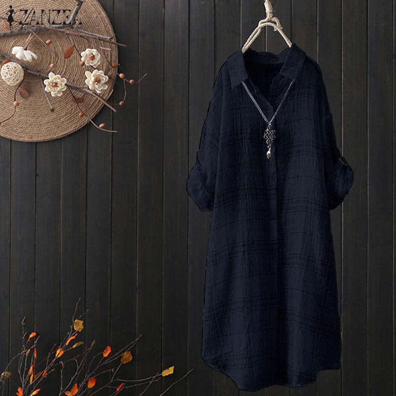 ZANZEA 2019 Plaid Linen Top Women Asymmetrical Blouse Autumn Female Casual Tunic Long Sleeve Shirt Woman Blusas Pleated Tops 5XL