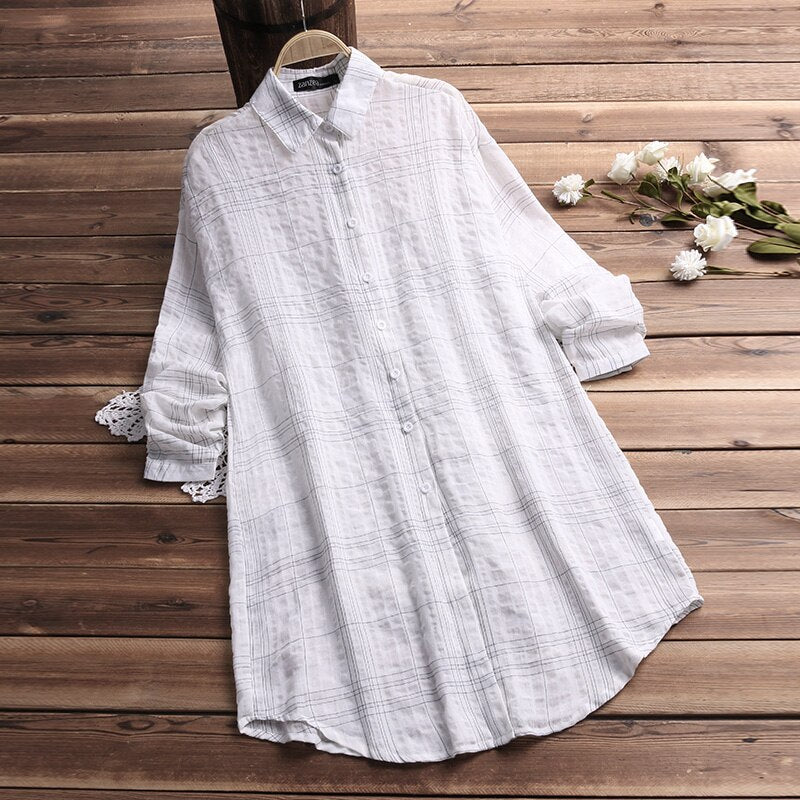 ZANZEA 2019 Plaid Linen Top Women Asymmetrical Blouse Autumn Female Casual Tunic Long Sleeve Shirt Woman Blusas Pleated Tops 5XL