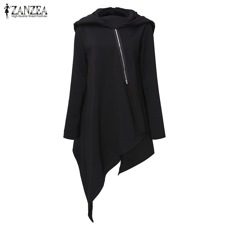 ZANZEA Oversized Autumn Hooded Long Sleeve Zipper Long Sweatshirt Loose Casual Women Asymmetric Solid Hoodies Pullover Top Blusa