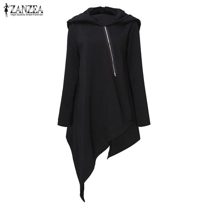 ZANZEA Oversized Autumn Hooded Long Sleeve Zipper Long Sweatshirt Loose Casual Women Asymmetric Solid Hoodies Pullover Top Blusa