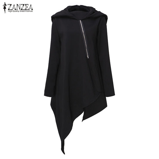 ZANZEA Oversized Autumn Hooded Long Sleeve Zipper Long Sweatshirt Loose Casual Women Asymmetric Solid Hoodies Pullover Top Blusa