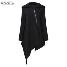 将图片加载到图库查看器，ZANZEA Oversized Autumn Hooded Long Sleeve Zipper Long Sweatshirt Loose Casual Women Asymmetric Solid Hoodies Pullover Top Blusa
