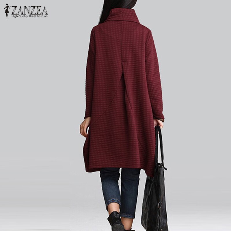 ZANZEA Women's 2019 Autumn Vintage Turtleneck Long Sleeve Dress Female Casual Baggy Sundress 5XL