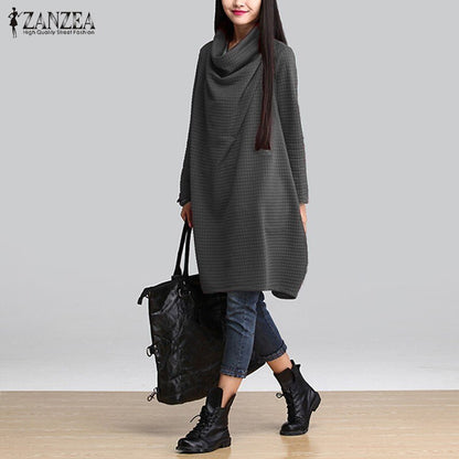 ZANZEA Women's 2019 Autumn Vintage Turtleneck Long Sleeve Dress Female Casual Baggy Sundress 5XL