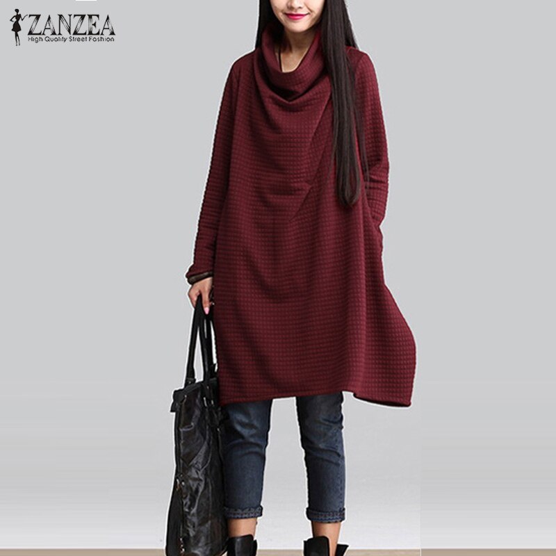 ZANZEA Women's 2019 Autumn Vintage Turtleneck Long Sleeve Dress Female Casual Baggy Sundress 5XL