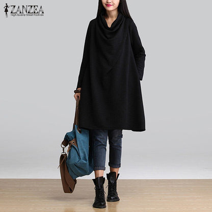 ZANZEA Women's 2019 Autumn Vintage Turtleneck Long Sleeve Dress Female Casual Baggy Sundress 5XL
