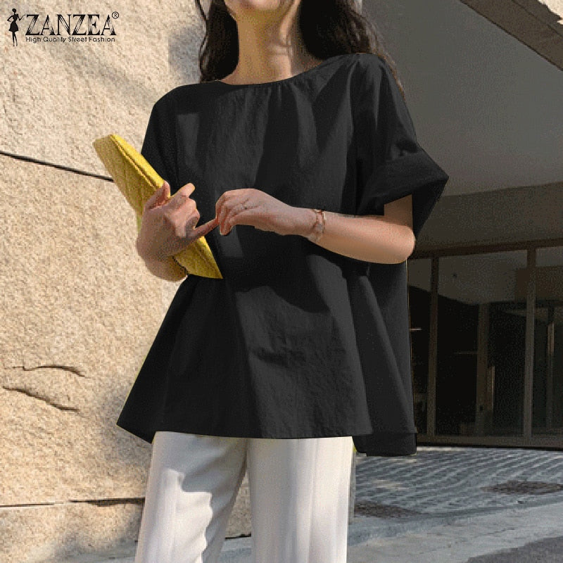 ZANZEA Stylish Summer Tops Vintage Women Short Sleeve Shirt Casual O Neck Solid Blouse Plain Office OL Blusas Maxi Tunic Chemise