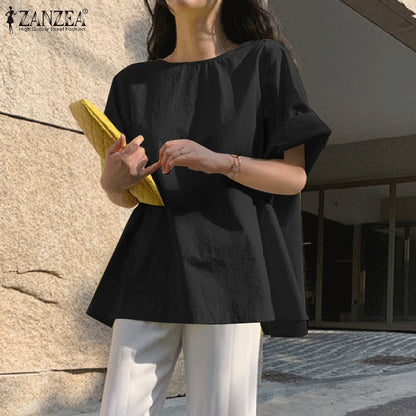 ZANZEA Stylish Summer Tops Vintage Women Short Sleeve Shirt Casual O Neck Solid Blouse Plain Office OL Blusas Maxi Tunic Chemise
