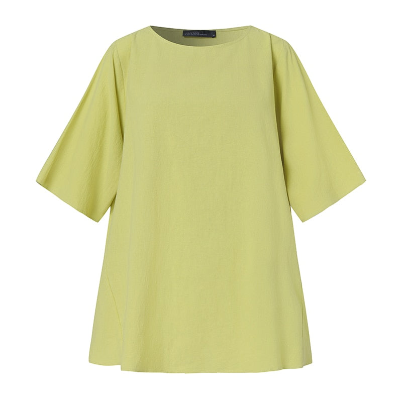 ZANZEA Stylish Summer Tops Vintage Women Short Sleeve Shirt Casual O Neck Solid Blouse Plain Office OL Blusas Maxi Tunic Chemise