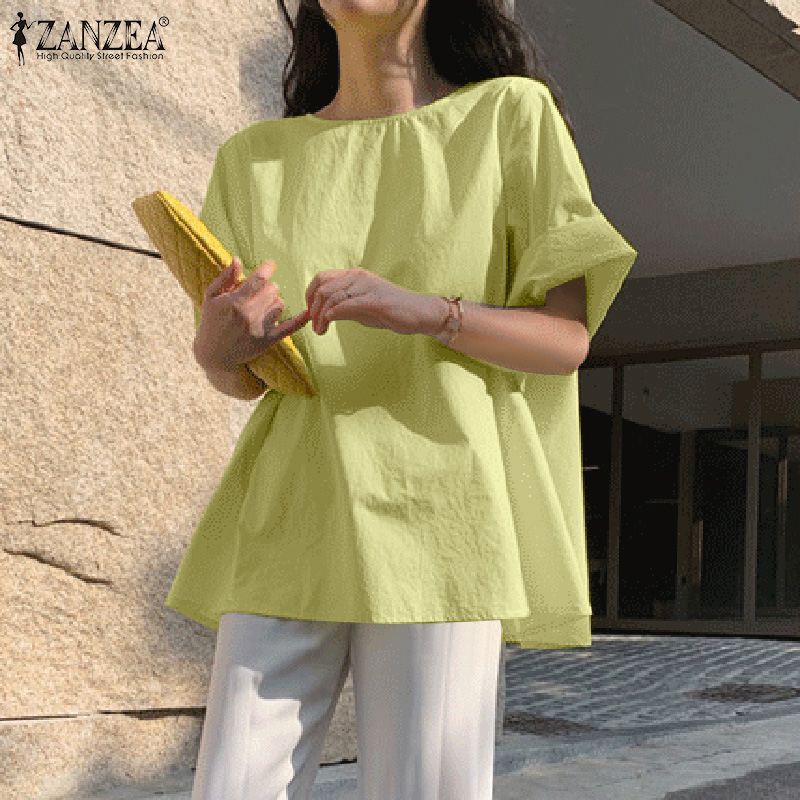 ZANZEA Stylish Summer Tops Vintage Women Short Sleeve Shirt Casual O Neck Solid Blouse Plain Office OL Blusas Maxi Tunic Chemise