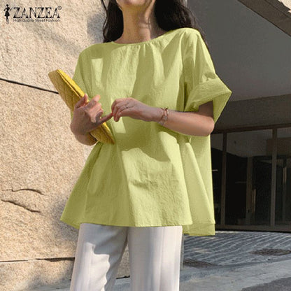ZANZEA Stylish Summer Tops Vintage Women Short Sleeve Shirt Casual O Neck Solid Blouse Plain Office OL Blusas Maxi Tunic Chemise