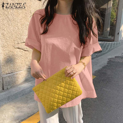 ZANZEA Stylish Summer Tops Vintage Women Short Sleeve Shirt Casual O Neck Solid Blouse Plain Office OL Blusas Maxi Tunic Chemise