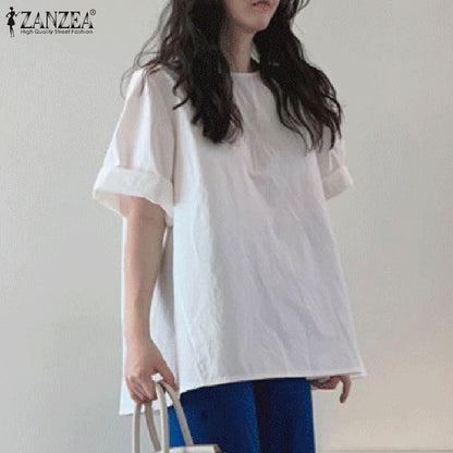 ZANZEA Stylish Summer Tops Vintage Women Short Sleeve Shirt Casual O Neck Solid Blouse Plain Office OL Blusas Maxi Tunic Chemise