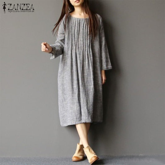 ZANZEA Vintage Women Solid Pleated Dress 2019 Summer Long Sleeve Work OL Shirt Dress Casual Sundress Robe Femme Dresses Tunic