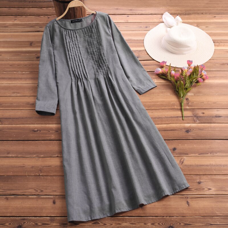 ZANZEA Vintage Women Solid Pleated Dress 2019 Summer Long Sleeve Work OL Shirt Dress Casual Sundress Robe Femme Dresses Tunic