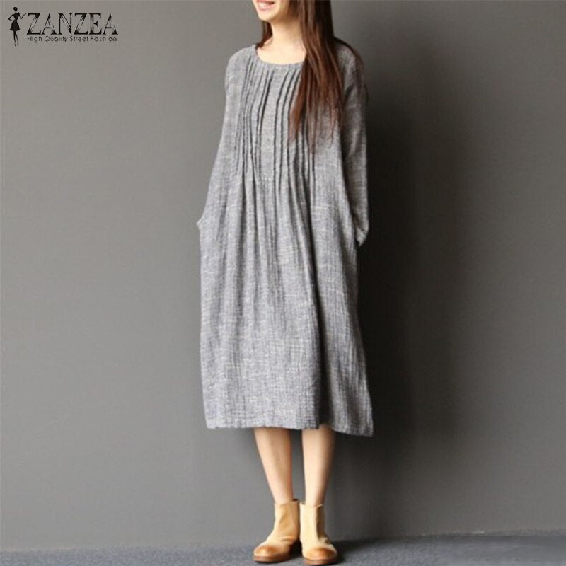 ZANZEA Vintage Women Solid Pleated Dress 2019 Summer Long Sleeve Work OL Shirt Dress Casual Sundress Robe Femme Dresses Tunic