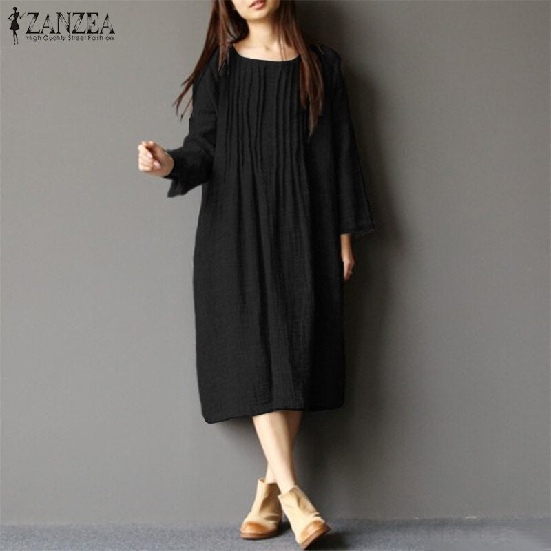 ZANZEA Vintage Women Solid Pleated Dress 2019 Summer Long Sleeve Work OL Shirt Dress Casual Sundress Robe Femme Dresses Tunic