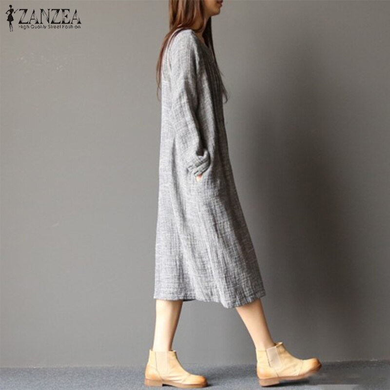 ZANZEA Vintage Women Solid Pleated Dress 2019 Summer Long Sleeve Work OL Shirt Dress Casual Sundress Robe Femme Dresses Tunic