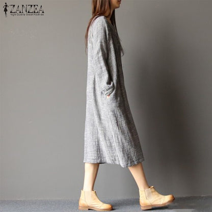 ZANZEA Vintage Women Solid Pleated Dress 2019 Summer Long Sleeve Work OL Shirt Dress Casual Sundress Robe Femme Dresses Tunic
