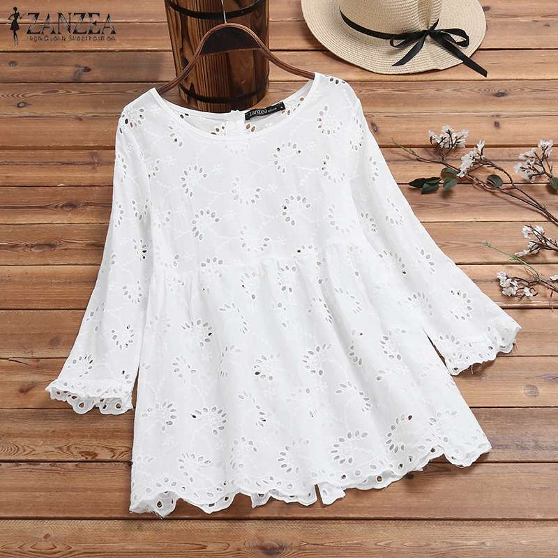 ZANZEA Women 3/4 Sleeve Hollow Out Blouse Autumn Lace Crochet Shirt Plus Size Female Back Button Down Blusa Femininas Solid Top7