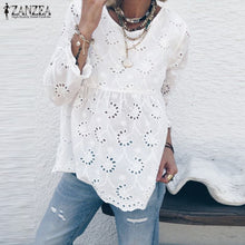 Charger l&#39;image dans la galerie, ZANZEA Women 3/4 Sleeve Hollow Out Blouse Autumn Lace Crochet Shirt Plus Size Female Back Button Down Blusa Femininas Solid Top7
