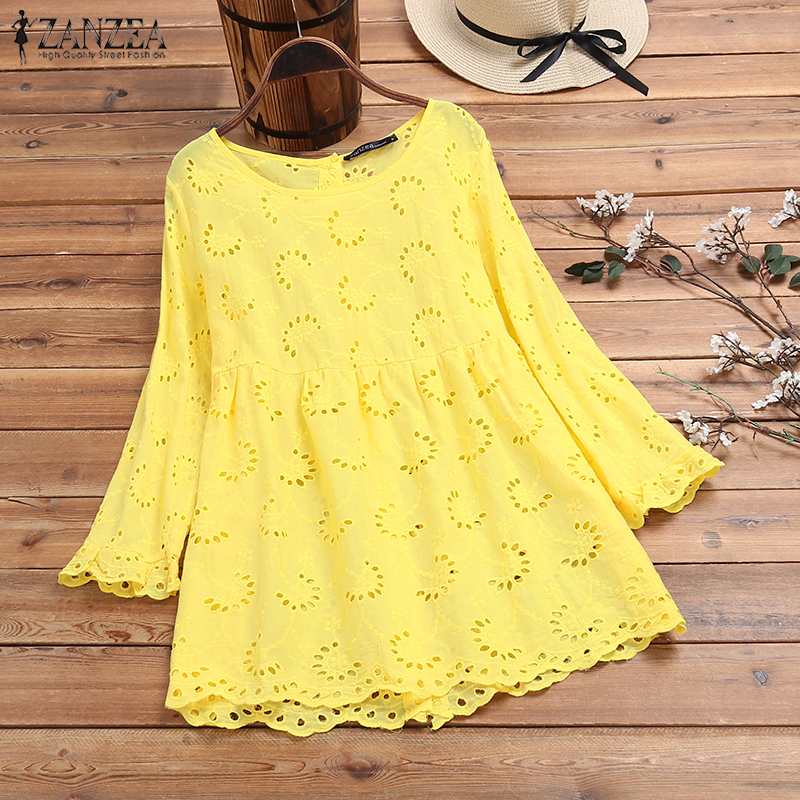 ZANZEA Women 3/4 Sleeve Hollow Out Blouse Autumn Lace Crochet Shirt Plus Size Female Back Button Down Blusa Femininas Solid Top7