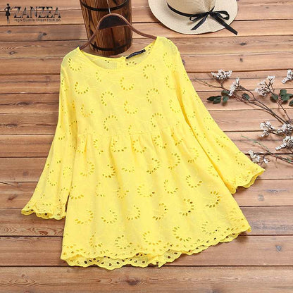 ZANZEA Women 3/4 Sleeve Hollow Out Blouse Autumn Lace Crochet Shirt Plus Size Female Back Button Down Blusa Femininas Solid Top7