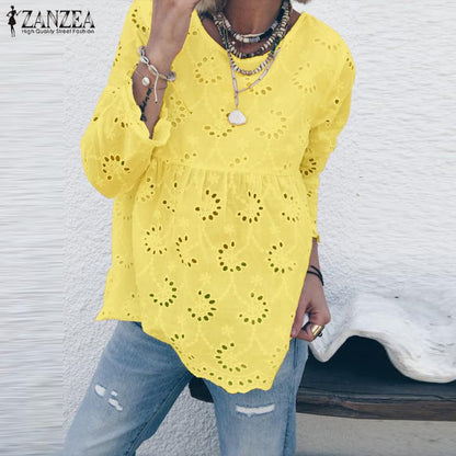 ZANZEA Women 3/4 Sleeve Hollow Out Blouse Autumn Lace Crochet Shirt Plus Size Female Back Button Down Blusa Femininas Solid Top7
