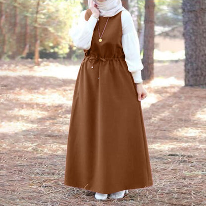 ZANZEA Women Dubai Abaya Kaftan Dresses Ladies Sleeveless Crew Neck Sundress Muslim Fashion Islamic Plain Swing Dress Retro Robe