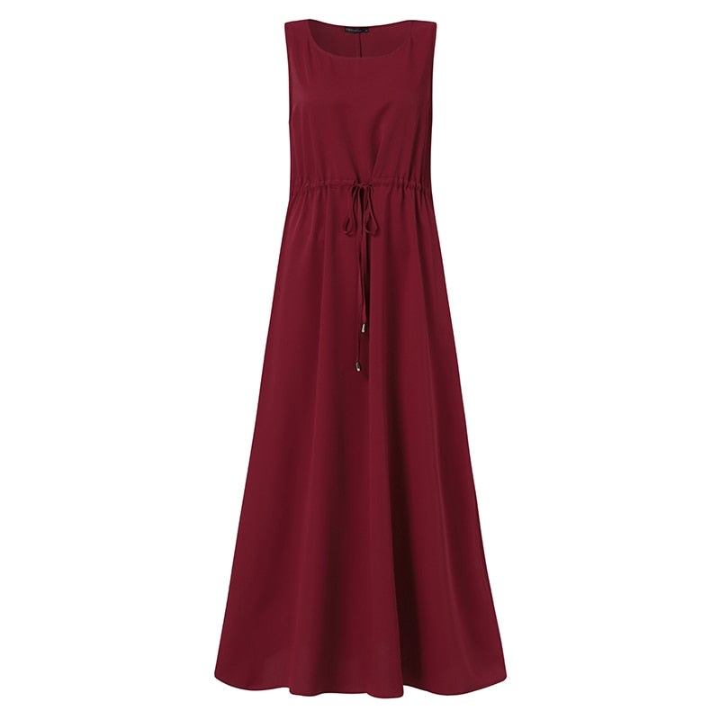 ZANZEA Women Dubai Abaya Kaftan Dresses Ladies Sleeveless Crew Neck Sundress Muslim Fashion Islamic Plain Swing Dress Retro Robe