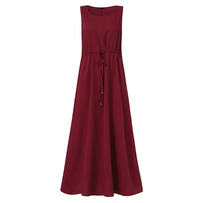 ZANZEA Women Dubai Abaya Kaftan Dresses Ladies Sleeveless Crew Neck Sundress Muslim Fashion Islamic Plain Swing Dress Retro Robe
