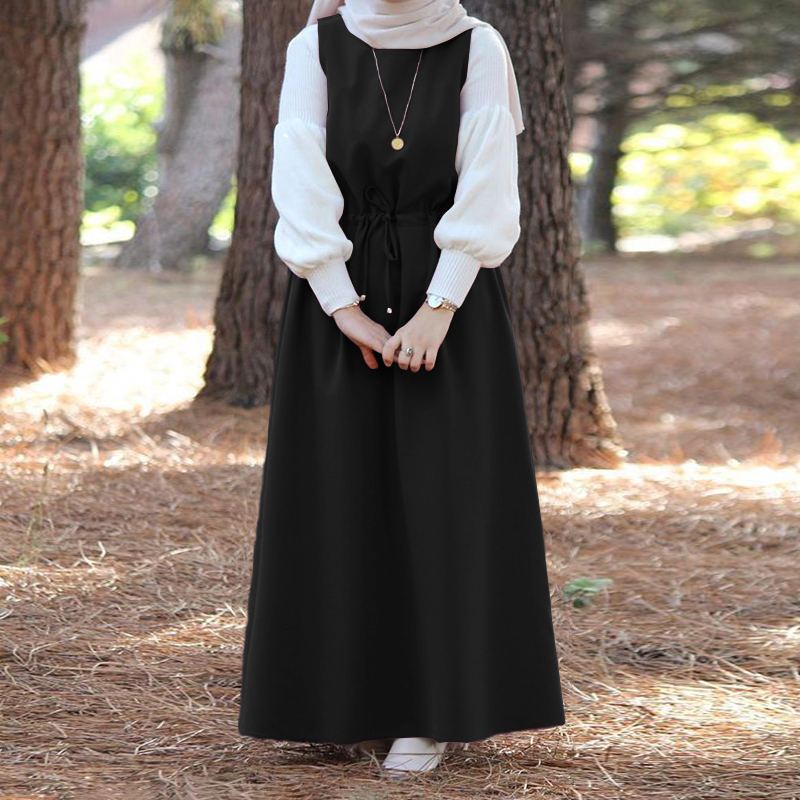 ZANZEA Women Dubai Abaya Kaftan Dresses Ladies Sleeveless Crew Neck Sundress Muslim Fashion Islamic Plain Swing Dress Retro Robe