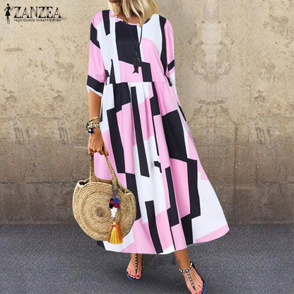 ZANZEA Women Floral Printed Dress Summer Bohemian Beach Sundress Casual O Neck Half Sleeve Party Vestido Loose Kaftan Dresses