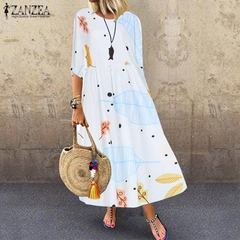 ZANZEA Women Floral Printed Dress Summer Bohemian Beach Sundress Casual O Neck Half Sleeve Party Vestido Loose Kaftan Dresses