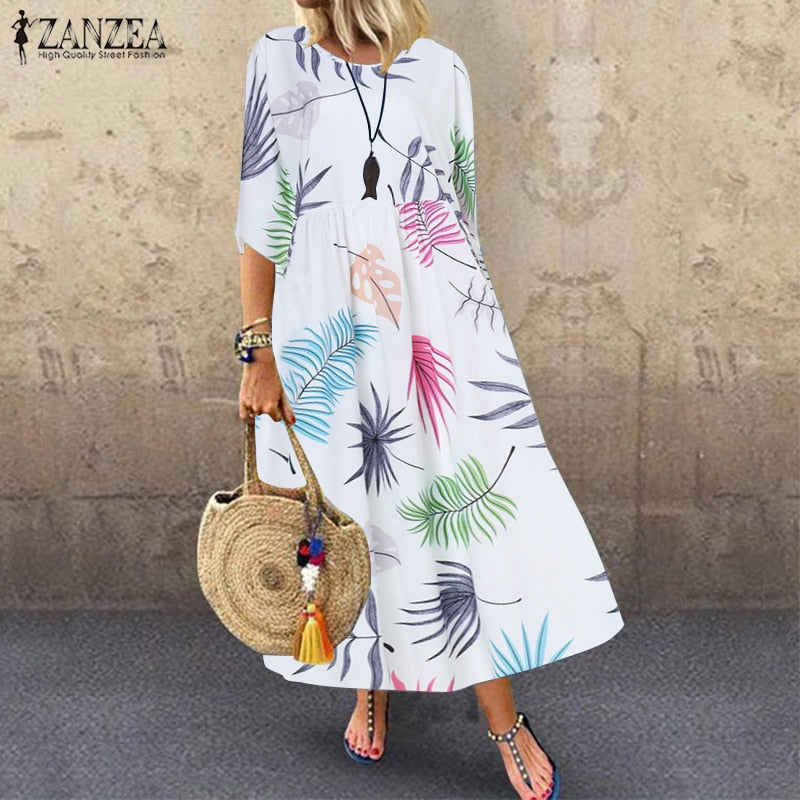 ZANZEA Women Floral Printed Dress Summer Bohemian Beach Sundress Casual O Neck Half Sleeve Party Vestido Loose Kaftan Dresses
