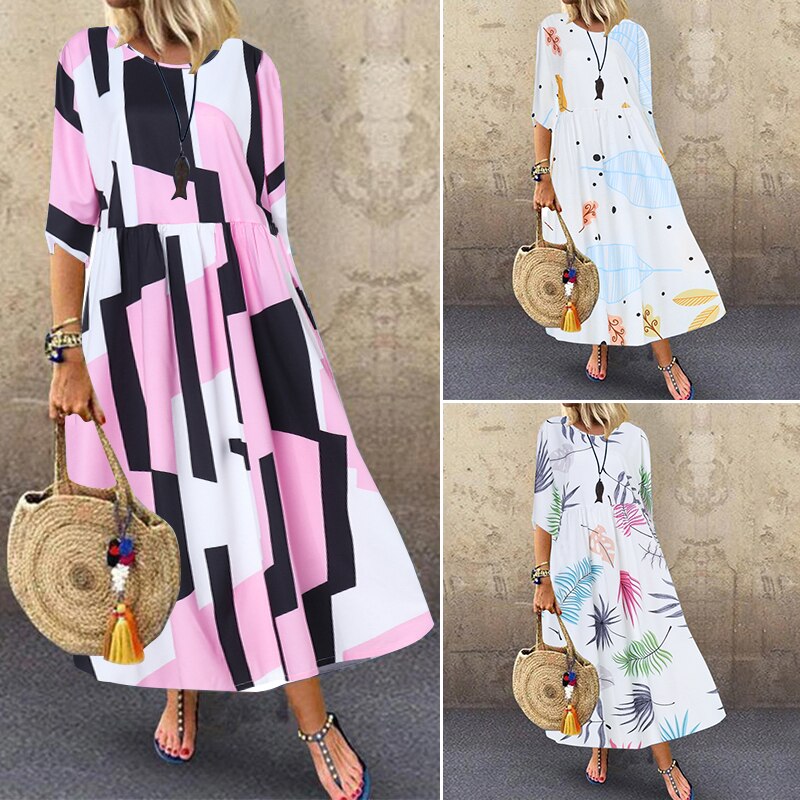 ZANZEA Women Floral Printed Dress Summer Bohemian Beach Sundress Casual O Neck Half Sleeve Party Vestido Loose Kaftan Dresses