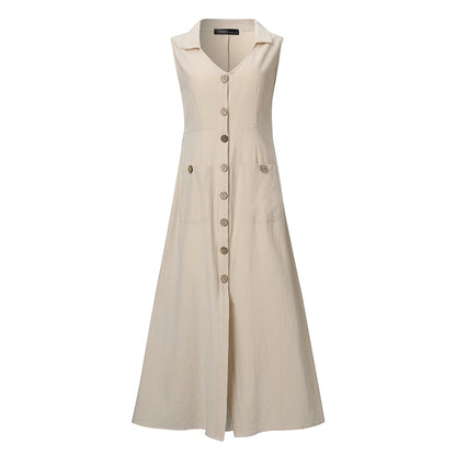 ZANZEA Women V neck Buttons Down Dress Summer Sleeveless Cotton Linen Sundress Casual Sarafans Vestido Party Tanks Dress