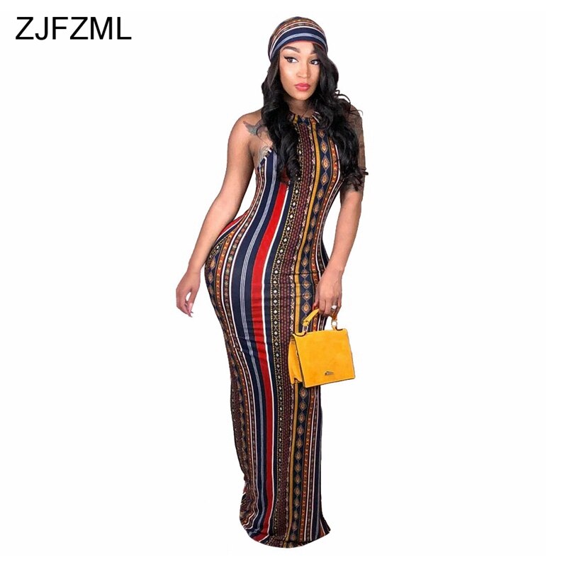 ZJFZML Bohemian Striped Printed Vintage Dress Women O Neck Sleeveless Plus Size Dress Casual Vocation Maxi Dress With Head Scarf