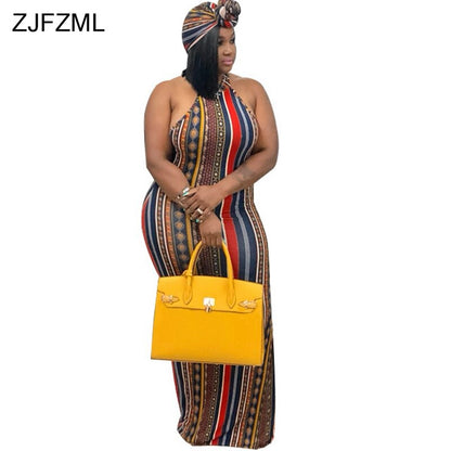 ZJFZML Bohemian Striped Printed Vintage Dress Women O Neck Sleeveless Plus Size Dress Casual Vocation Maxi Dress With Head Scarf