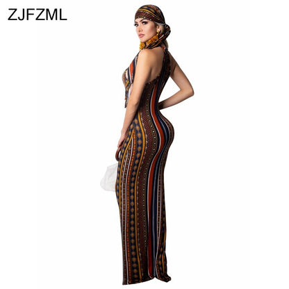 ZJFZML Bohemian Striped Printed Vintage Dress Women O Neck Sleeveless Plus Size Dress Casual Vocation Maxi Dress With Head Scarf
